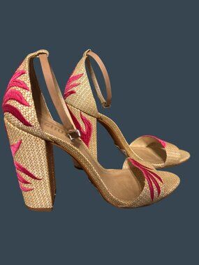 Schutz Carolaine Rattan Heels Size 8B Fuchsia Palm Leaves